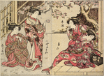 Four Yoshiwara women in a garden viewing the cherry blossoms