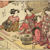 Group of five Yoshiwara women on the veranda of a house, in the time of the cherry blossoming