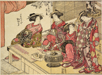 Group of five Yoshiwara women on the veranda of a house, in the time of the cherry blossoming