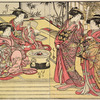 Four Yoshiwara women in a room in a joroya; two are standing engaged in conversation and two are seated by a hibachi