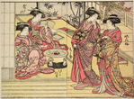 Four Yoshiwara women in a room in a joroya; two are standing engaged in conversation and two are seated by a hibachi