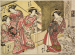 Three Yoshiwara women on the veranda of a house and a fourth woman coming toward them from the garden where a cherry tree is in bloom