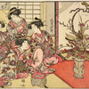 Group of four Yoshiwara women looking at an elaborate flower arrangement in a bronze vase