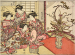 Group of four Yoshiwara women looking at an elaborate flower arrangement in a bronze vase