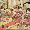 Yoshiwara women in a room in a joroya, playing the fan throwing game (tosen-kyo)