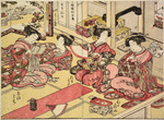 Yoshiwara women in a room in a joroya, playing the fan throwing game (tosen-kyo)