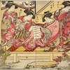 Group of four Yoshiwara women on the veranda  of joroya. One is playing with a kitten, one is reading a letter and the others are discussing it with her