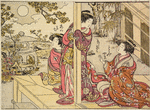 Three Yoshiwara women on the veranda of a joroya, admiring the autumn full moon