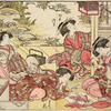 Group of four Yoshiwara women in a room in a joroya.  Two are cutting out doll's clothes, one is listening to a singing bird in a cage, and the fourth is smoking