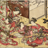 Group of four Yoshiwara women in a room in a joroya.  Two are looking up famous poems in books, a third is writing them upon narrow slips of colored paper (tanjaku), and the fourth is tying them upon a bamboo tree, which is thus being decorated fo rthe Tanabata festival (seventh day of the seventh month)