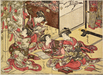 Group of four Yoshiwara women in a room in a joroya.  Two are looking up famous poems in books, a third is writing them upon narrow slips of colored paper (tanjaku), and the fourth is tying them upon a bamboo tree, which is thus being decorated fo rthe Tanabata festival (seventh day of the seventh month)