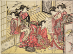 Group of five Yoshiwara women in a room in a joroya.  one is reading a letter aloud and the others are listening. Outside, through the open shoji, a flock of wild geese is seen flying down