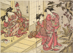 Two Yoshiwara women struggling for the possession of a doll, and two others watching them, one seated on the veranda and one standing by her side