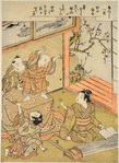 Boys at play in a room.  One of them has taken the bridges (koma) from under the strings of a koto that is on the floor and standing upon a brazier covered with a cloth (kotatsu), is throwing them down to the floor