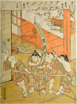 Small boys playing they are in a boat.  One is poling it and another holds up a kakemono on a stick to represent a sail