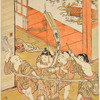 Small boys playing they are in a boat.  One is poling it and another holds up a kakemono on a stick to represent a sail