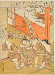 Small boys playing they are in a boat.  One is poling it and another holds up a kakemono on a stick to represent a sail