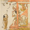 Boys at play on the veranda of a house; one of them raised on the shoulders of another strikes with a mallet a bell that hangs from the eaves
