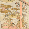 Boys on the veranda of a house, looking at the moon and at two birds flying.  Near them two other boys watching fish swim in a tub