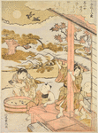 Boys on the veranda of a house, looking at the moon and at two birds flying.  Near them two other boys watching fish swim in a tub