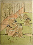 Two boys on the floor of a room fighting over a game of sugoroku and a third running forward to pacify them.  Across the engawa branches of a blossoming ume tree appear