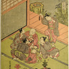 A group of five boys seated on the floor of a house playing fortune drawing (Fukubiki), while a sixth boy dances about behind them holding up a string of cash