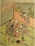 A group of five boys seated on the floor of a house playing fortune drawing (Fukubiki), while a sixth boy dances about behind them holding up a string of cash