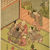 A group of five boys seated on the floor of a house playing fortune drawing (Fukubiki), while a sixth boy dances about behind them holding up a string of cash
