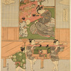 Inside a house a young girl before offerings set out before dolls representing the Emperor and Empress. Outside two boys are carrying a doll princess in a toy norimon, while a third boy holds a broom as a processional insignia.  Hina no Sekku - The Festival of Dolls