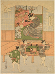 Inside a house a young girl before offerings set out before dolls representing the Emperor and Empress. Outside two boys are carrying a doll princess in a toy norimon, while a third boy holds a broom as a processional insignia.  Hina no Sekku - The Festival of Dolls