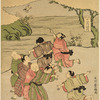 A group of boys playing on the bank of a river.  One of them while running points to the cuckoo making its first appearance, which to the farmer means that the time for sowing rice is at hand