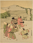 A group of boys playing on the bank of a river.  One of them while running points to the cuckoo making its first appearance, which to the farmer means that the time for sowing rice is at hand