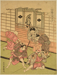 Four boys taking part in an amateur theatrical performance  and a fifth seated in the veranda looking on.  Outside through the open shoji are three banners such as are usually displayed before the theatres; the middle one bearing a picture of Shoki.  Tango - The Boys Festival