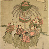 A group of five boys by the side of a stream, dancing around a lantern used in Shinto processions (Mando) which is decorated with peonies and other flowers and placed on a table fastened to a pole