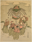 A group of five boys by the side of a stream, dancing around a lantern used in Shinto processions (Mando) which is decorated with peonies and other flowers and placed on a table fastened to a pole