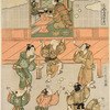 A youth is shown in a house making offerings before a figure of Ebisu, and outside seven boys are blowing soap bubbles.  Ebisu-ko - The Festival of Ebisu (Provider of Daily Food)