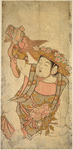 A young boy attired as a dance, a poeny in his left hand, a paper mache shishi head upon his upraised right hand, a flower hat (hanagasa) upon his head