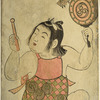 A boy musician, seated, holding up a small drum with floral decorations in his left hand and a drum stick in his right