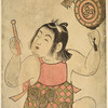 A boy musician, seated, holding up a small drum with floral decorations in his left hand and a drum stick in his right