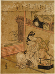 Two lovers and a jealous observer looking at them through a window