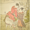 A girl on horseback stopping while fording the stream, to get a light for her pipe from a young man who stands in the water