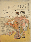 Two women on the river bank looking at small birds called Chidori flying over the water