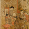 A boy making obeisance before a kakemono of Tenjin-sama which a companion holds up