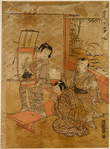 A boy making obeisance before a kakemono of Tenjin-sama which a companion holds up