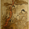Boys playing under a pine tree.  One of them is blindfolded and another, who is clinging to the trunk of the tree, holds out a stick from which a paper folded to resemble a crane is suspended by a string