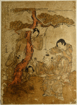Boys playing under a pine tree.  One of them is blindfolded and another, who is clinging to the trunk of the tree, holds out a stick from which a paper folded to resemble a crane is suspended by a string