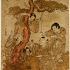 Boys playing under a pine tree.  One of them is blindfolded and another, who is clinging to the trunk of the tree, holds out a stick from which a paper folded to resemble a crane is suspended by a string