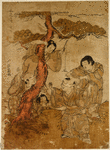 Boys playing under a pine tree.  One of them is blindfolded and another, who is clinging to the trunk of the tree, holds out a stick from which a paper folded to resemble a crane is suspended by a string