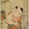 A young boy seated by a cage containing a large bird, macerating leaves with a mortar and pestle