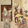 Two women on the veranda of a house, coming forward to welcome a visitor who has just arrived in a litter (kago)
